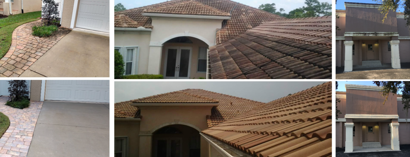 A clean home with pristine siding and spotless roof shingles following a full exterior soft wash service along with a paver cleaning and sealing Lakeland FL service.
