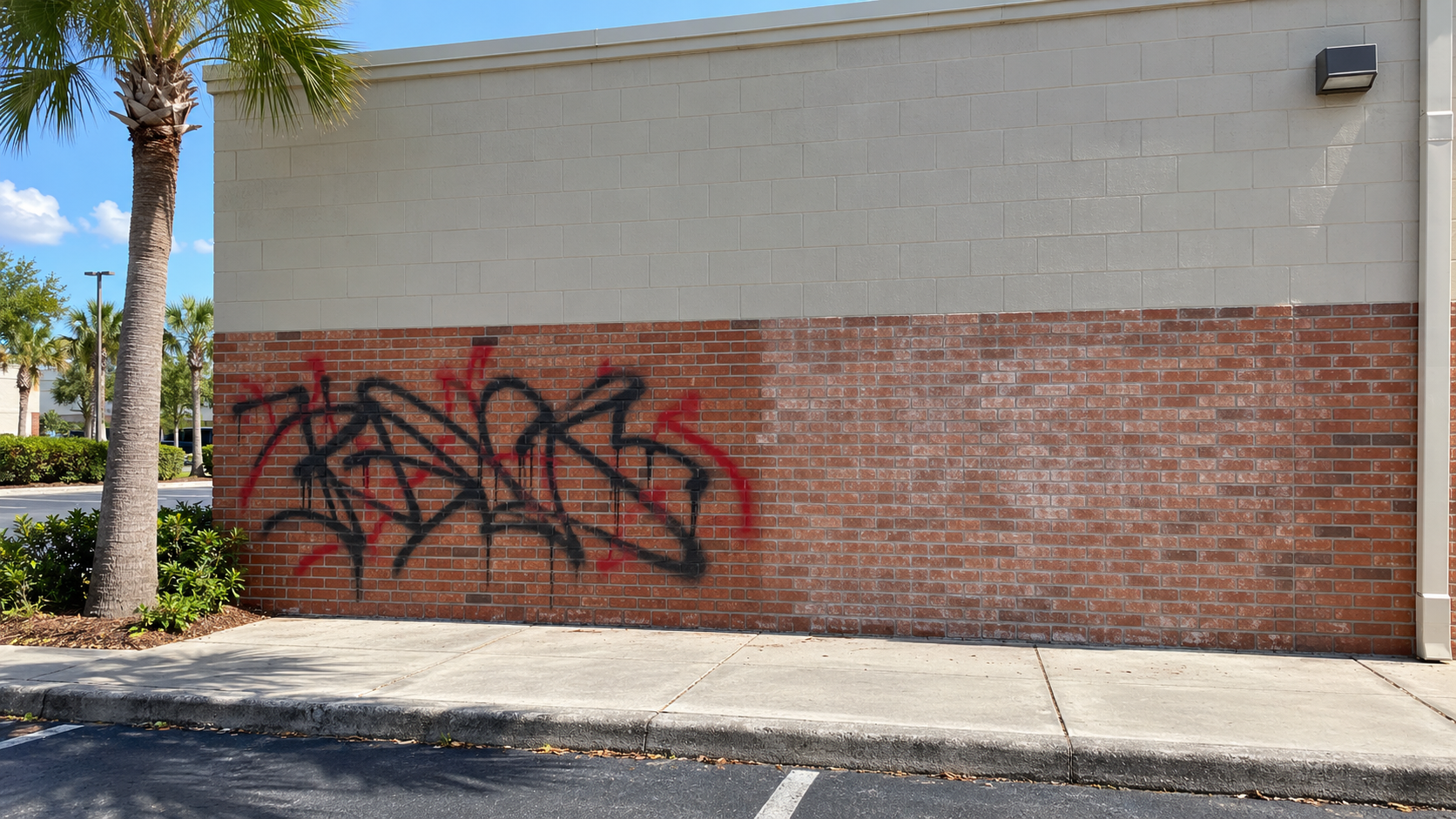 Graffiti being removed from a brick and block commercial building in Lakeland, Florida