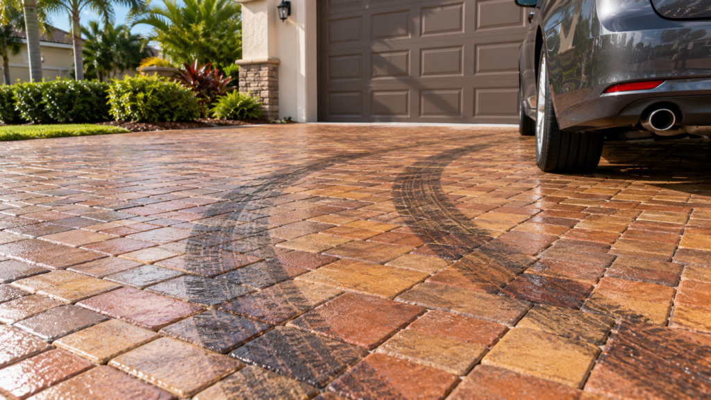 Dark tire marks on a sealed paver driveway at a home in Lakeland, Florida