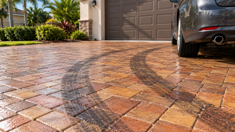Dark tire marks on a sealed paver driveway at a home in Lakeland, Florida