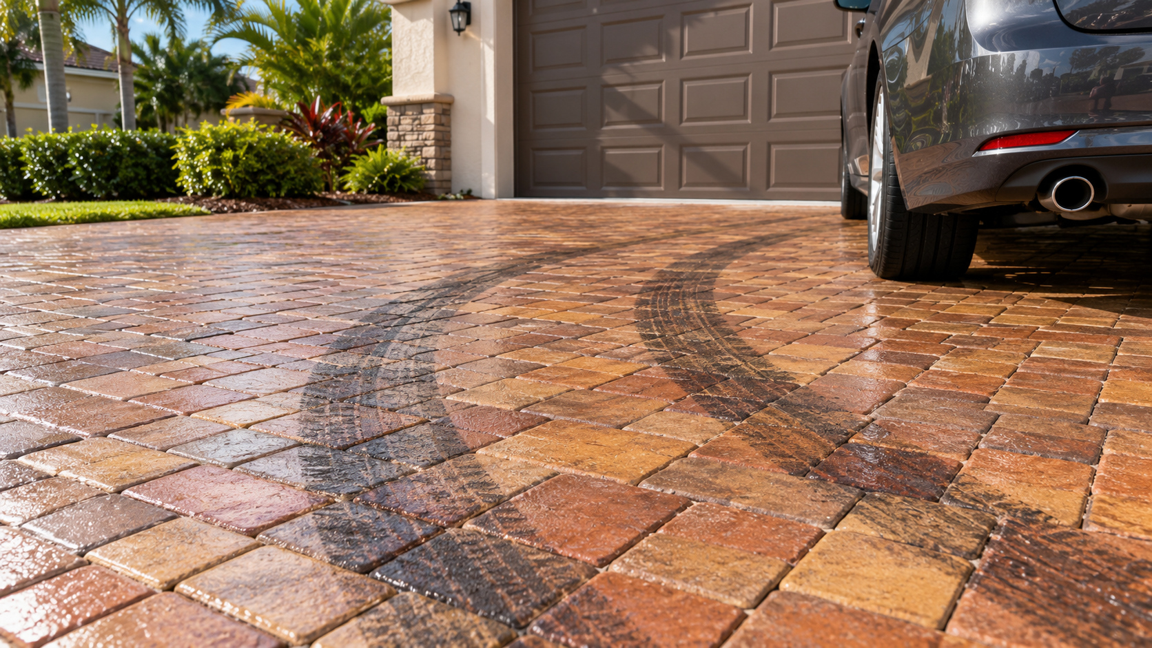 Dark tire marks on a sealed paver driveway at a home in Lakeland, Florida